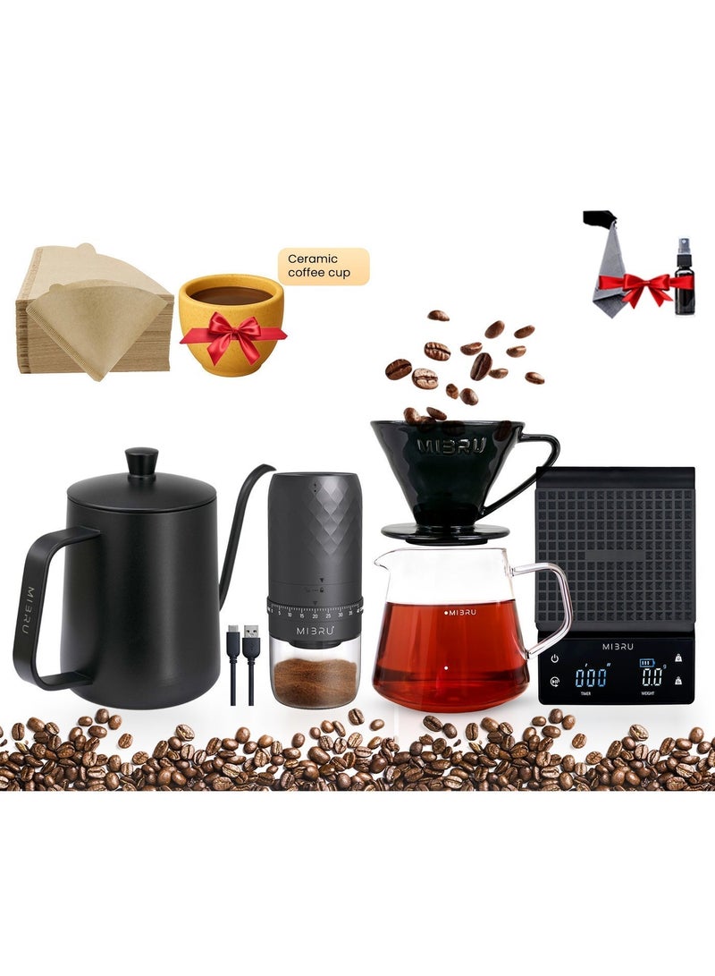 MIBRU V60 Pour Over Premium Drip Coffee Maker Kit, 9 piece Drip Coffee Maker with Built-in Kettle, Thermometer, Electric Coffee Bean Grinder, Coffee Bean Spray Bottle, Paper Coffee Filter Coffee Filter, Coffee Sharing Pot, Manual Slim-Neck Coffee Pot, Restrictor Spout for Drip Coffee Pot, Specialty Coffee Kit, Specialty Coffee Tools, Coffee Machine, Coffee Cup, Coffee Cleaning Kit, Pour-Over Coffee Maker Accessories - Image 1
