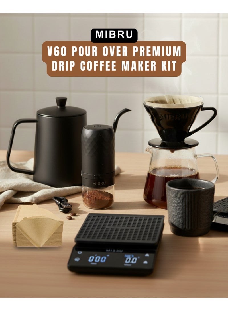 MIBRU V60 Pour Over Premium Drip Coffee Maker Kit, 9 piece Drip Coffee Maker with Built-in Kettle, Thermometer, Electric Coffee Bean Grinder, Coffee Bean Spray Bottle, Paper Coffee Filter Coffee Filter, Coffee Sharing Pot, Manual Slim-Neck Coffee Pot, Restrictor Spout for Drip Coffee Pot, Specialty Coffee Kit, Specialty Coffee Tools, Coffee Machine, Coffee Cup, Coffee Cleaning Kit, Pour-Over Coffee Maker Accessories - Image 2