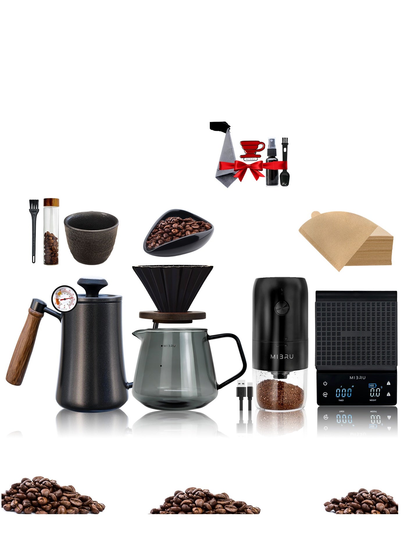 MIBRU V60 Drip Set 10-Piece Drip Coffee Maker Set V60 Size 02 With automatic coffee grinder 