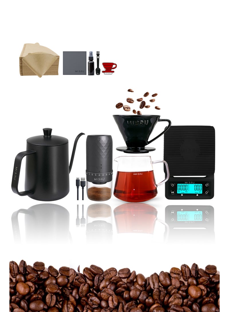 MIBRU V60 Pour Over Premium Drip Coffee Maker Kit, 9 piece Drip Coffee Maker with Built-in Kettle, Thermometer, Electric Coffee Bean Grinder, Coffee Bean Spray Bottle, Paper Coffee Filter Coffee Filter, Coffee Sharing Pot, Manual Slim-Neck Coffee Pot, Restrictor Spout for Drip Coffee Pot, Specialty Coffee Kit, Specialty Coffee Tools, Coffee Machine, Coffee Cup, Coffee Cleaning Kit, Pour-Over Coffee Maker Accessories - Image 1