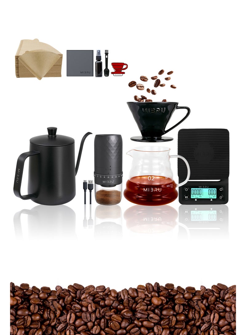 MIBRU V60 Pour Over Premium Drip Coffee Maker Kit, 9 piece Drip Coffee Maker with Built-in Kettle, Thermometer, Electric Coffee Bean Grinder, Coffee Bean Spray Bottle, Paper Coffee Filter Coffee Filter, Coffee Sharing Pot, Manual Slim-Neck Coffee Pot, Restrictor Spout for Drip Coffee Pot, Specialty Coffee Kit, Specialty Coffee Tools, Coffee Machine, Coffee Cup, Coffee Cleaning Kit, Pour-Over Coffee Maker Accessories - Image 1