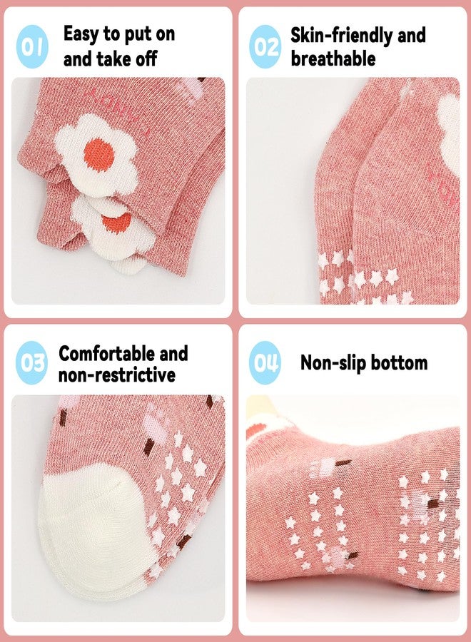 Tphon Toddler Girls Socks with Grips Baby Anti Slip Ankle Socks 12 Pairs Kids Cute Cartoon Patterns Sock for 1-3 Years - Image 3