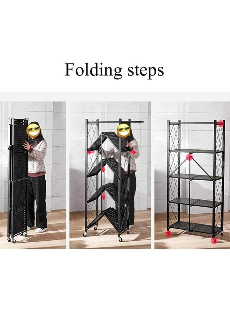 Toshionics 5-Tier Heavy-Duty Metal Storage Rack with Wheels | Foldable Large-Capacity Organizer Shelf for Kitchen, Garage, Closet, Office | Multipurpose Shelving for Microwave, Toaster, Appliances & More No Assembly Required Black. - Image 5