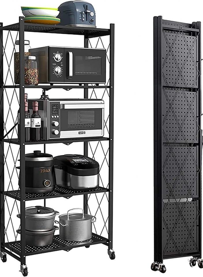 Toshionics 5-Tier Heavy-Duty Metal Storage Rack with Wheels | Foldable Large-Capacity Organizer Shelf for Kitchen, Garage, Closet, Office | Multipurpose Shelving for Microwave, Toaster, Appliances & More No Assembly Required Black. - Image 1