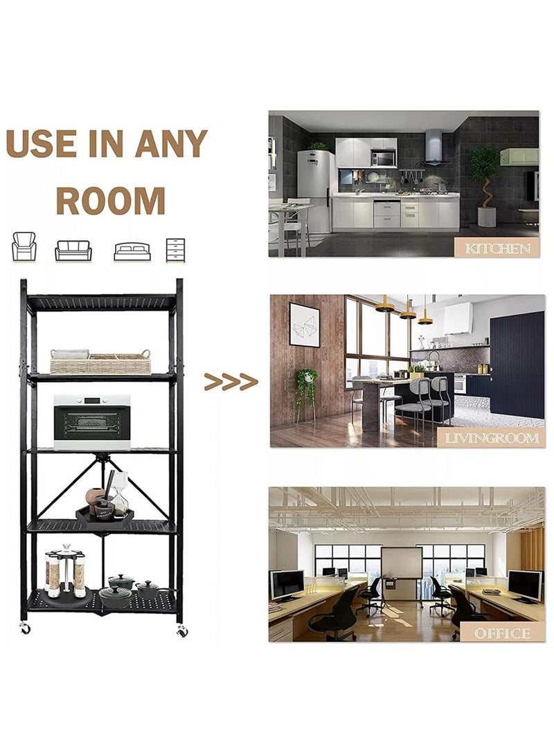 Toshionics 5-Tier Heavy-Duty Metal Storage Rack with Wheels | Foldable Large-Capacity Organizer Shelf for Kitchen, Garage, Closet, Office | Multipurpose Shelving for Microwave, Toaster, Appliances & More No Assembly Required Black. - Image 4