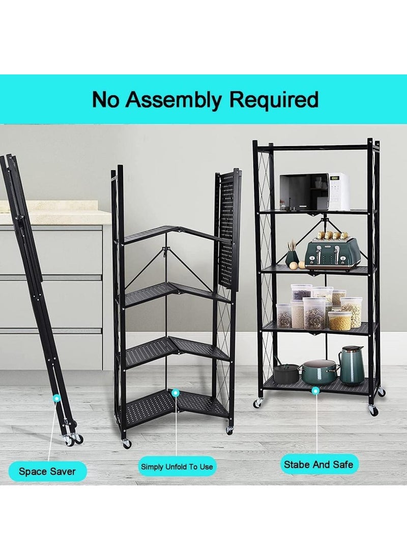 Toshionics 5-Tier Heavy-Duty Metal Storage Rack with Wheels | Foldable Large-Capacity Organizer Shelf for Kitchen, Garage, Closet, Office | Multipurpose Shelving for Microwave, Toaster, Appliances & More No Assembly Required Black. - Image 2