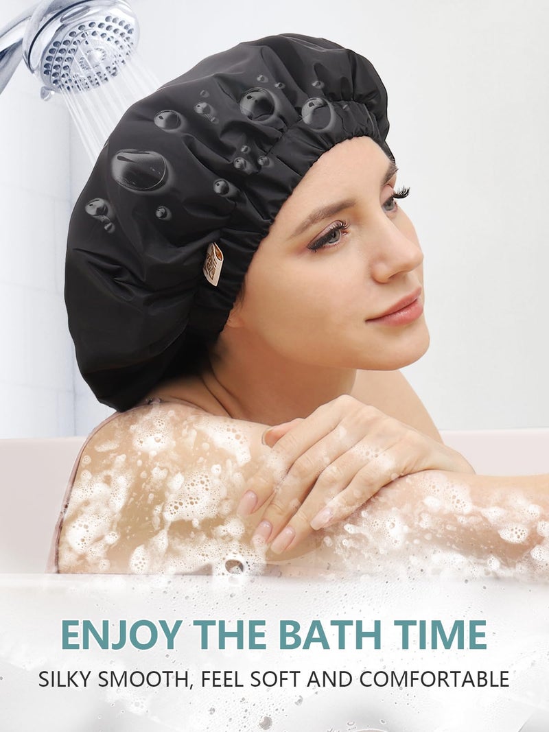 Years calm Reusable Waterproof Shower Caps for Women, Hair Caps for Showers, Double-Layer Elastic Design, for All Hairstyles, Travel-Friendly (black) - Image 3