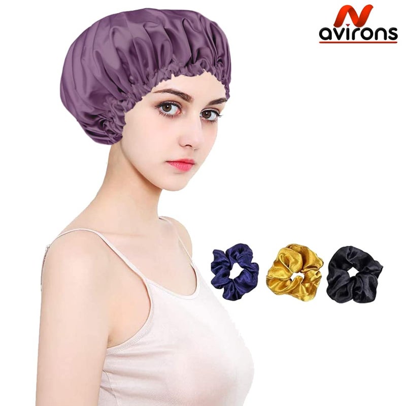 Avirons Satin Silk Hair Bonnet Cap | Satin Head Cap for Sleeping with 3 Scrunchies| Satin Bonnet for Curly Hair| Satin Hair wrap Cap | Adjustable Pure Satin Hair Bonnet Cap for Women/Girl Multicolour - Image 2