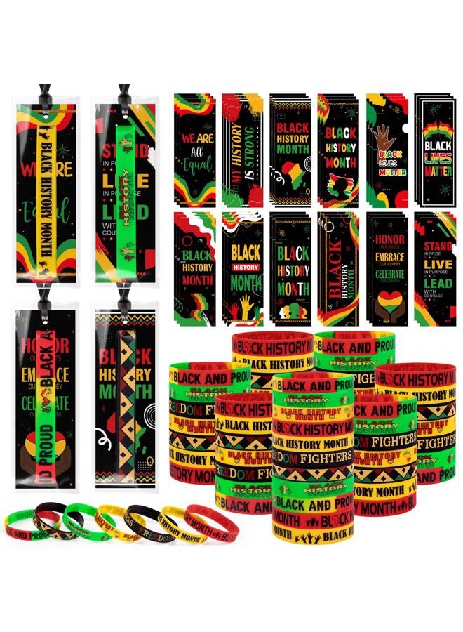 Moon Boat 100Sets Black History Month Decorations Gifts Bulk: Silicone Rubber Bracelets and Bookmarks Goodie Bag Stuffers African Party Favors - Image 1