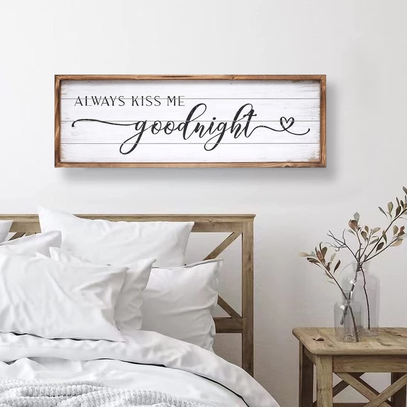 JUMBO DECOR Always Kiss Me Goodnight Sign for Bedroom Wall Decor, Large Farmhouse Bedroom Sign with Solid Wood Frame for Couples, Love Theme Above Bed Wall Decor, 27.5" W x 9.5" H - Image 4