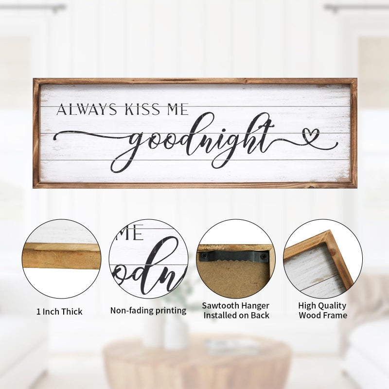 JUMBO DECOR Always Kiss Me Goodnight Sign for Bedroom Wall Decor, Large Farmhouse Bedroom Sign with Solid Wood Frame for Couples, Love Theme Above Bed Wall Decor, 27.5" W x 9.5" H - Image 2