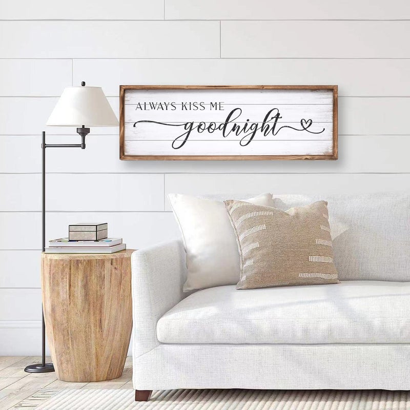 JUMBO DECOR Always Kiss Me Goodnight Sign for Bedroom Wall Decor, Large Farmhouse Bedroom Sign with Solid Wood Frame for Couples, Love Theme Above Bed Wall Decor, 27.5" W x 9.5" H - Image 5