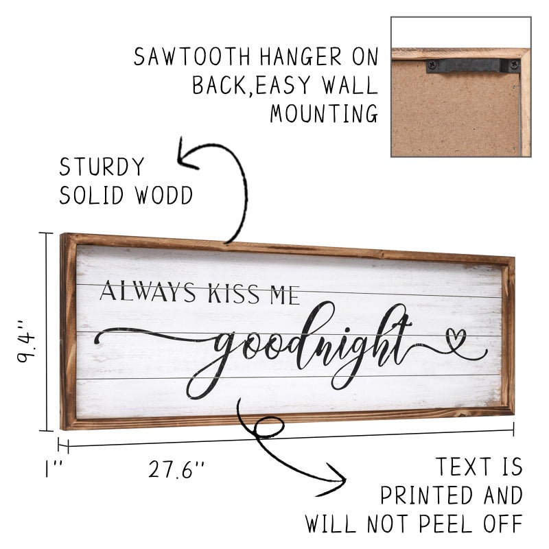 JUMBO DECOR Always Kiss Me Goodnight Sign for Bedroom Wall Decor, Large Farmhouse Bedroom Sign with Solid Wood Frame for Couples, Love Theme Above Bed Wall Decor, 27.5" W x 9.5" H - Image 3