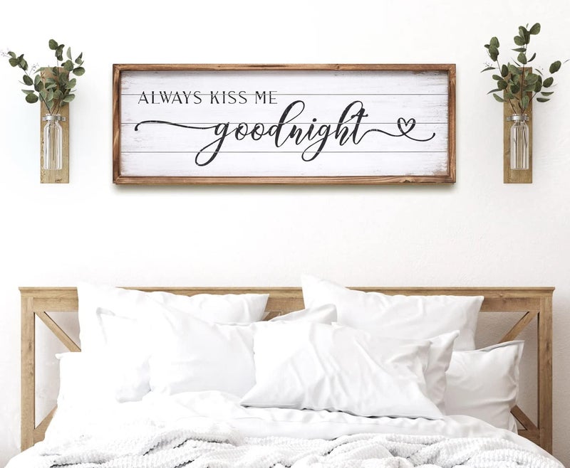 JUMBO DECOR Always Kiss Me Goodnight Sign for Bedroom Wall Decor, Large Farmhouse Bedroom Sign with Solid Wood Frame for Couples, Love Theme Above Bed Wall Decor, 27.5" W x 9.5" H - Image 1