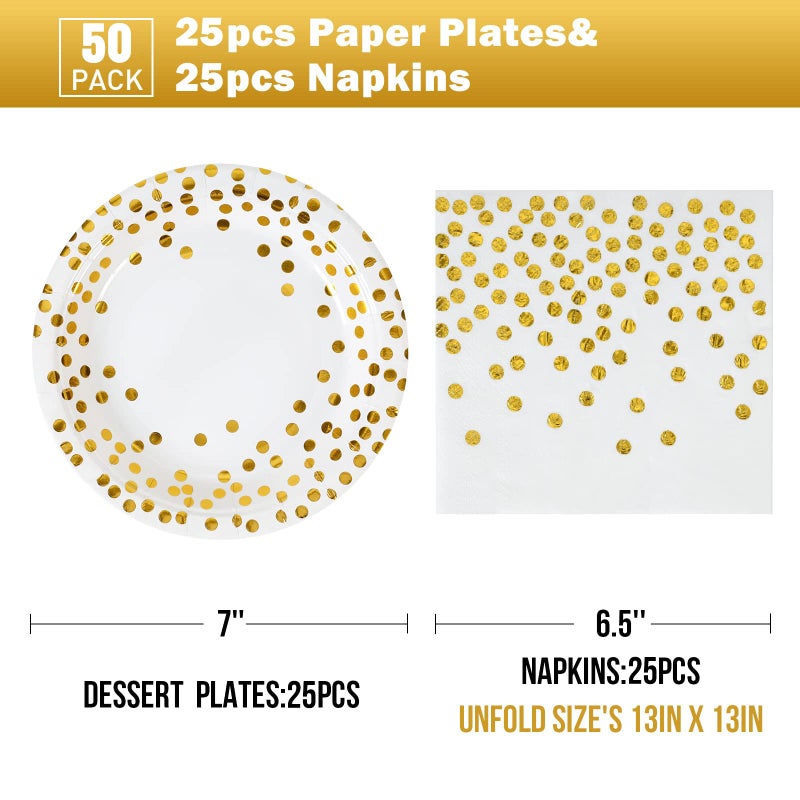 CENLBJ White and Gold Paper Plates and Napkins-50 Pack- 25 * 7inch Paper Plates & 25 * 6.5inch Napkins,Disposable Party Supplies for Birthdays Weddings Receptions and All Occasions - Image 2