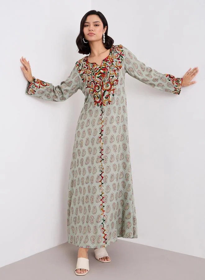 Styli Women Green Rayon Printed Jalabiya with Embroidery Detail