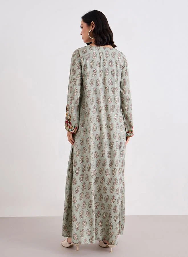 Styli Women Green Rayon Printed Jalabiya with Embroidery Detail