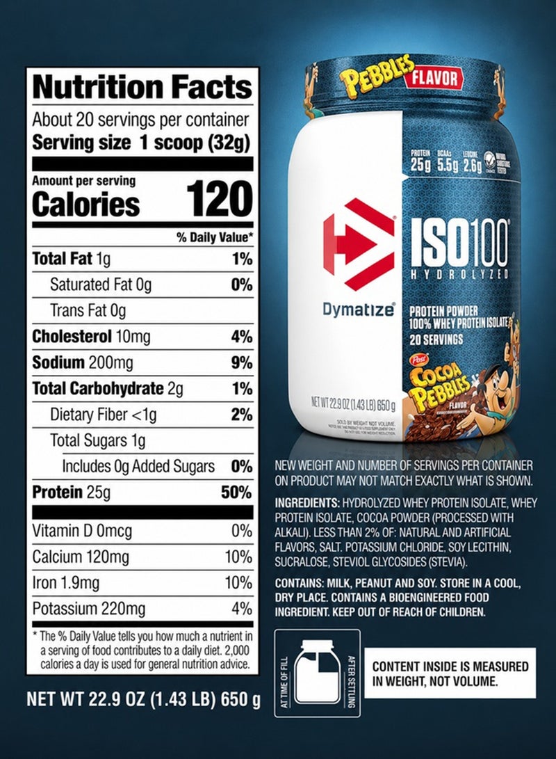 Dymatize ISO100 Hydrolyzed Protein Powder, 100% Whey Isolate, 25g Protein, 5.5g BCAAs, Gluten Free, Cocoa Pebbles, 650g, 20 Servings - Image 4