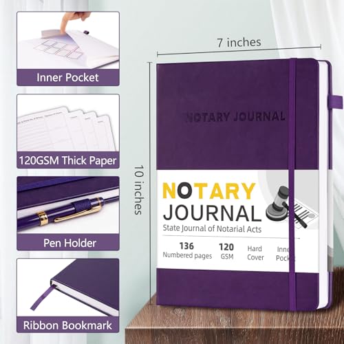 Homlive Notary Journal Log Book, 7”x10 Notary Book, Notary Log Books Notary Public Journal for Notarial Acts, Hardcover Notarial Journal, 120gsm Thick Paper, 136 Numbered Pages, Purple - Image 2