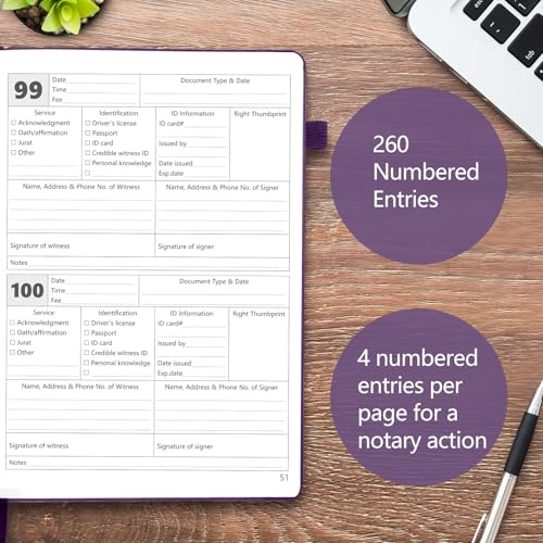 Homlive Notary Journal Log Book, 7”x10 Notary Book, Notary Log Books Notary Public Journal for Notarial Acts, Hardcover Notarial Journal, 120gsm Thick Paper, 136 Numbered Pages, Purple - Image 3