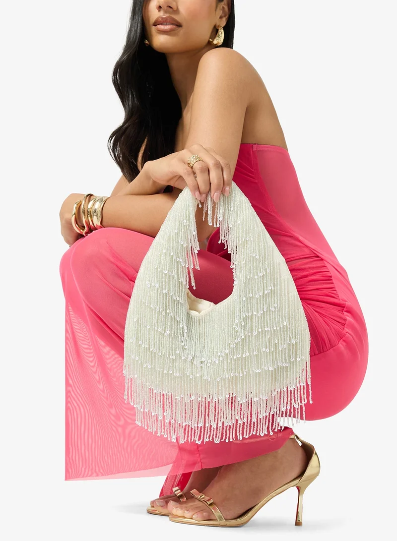Embroidered Beaded Tassle Clutch