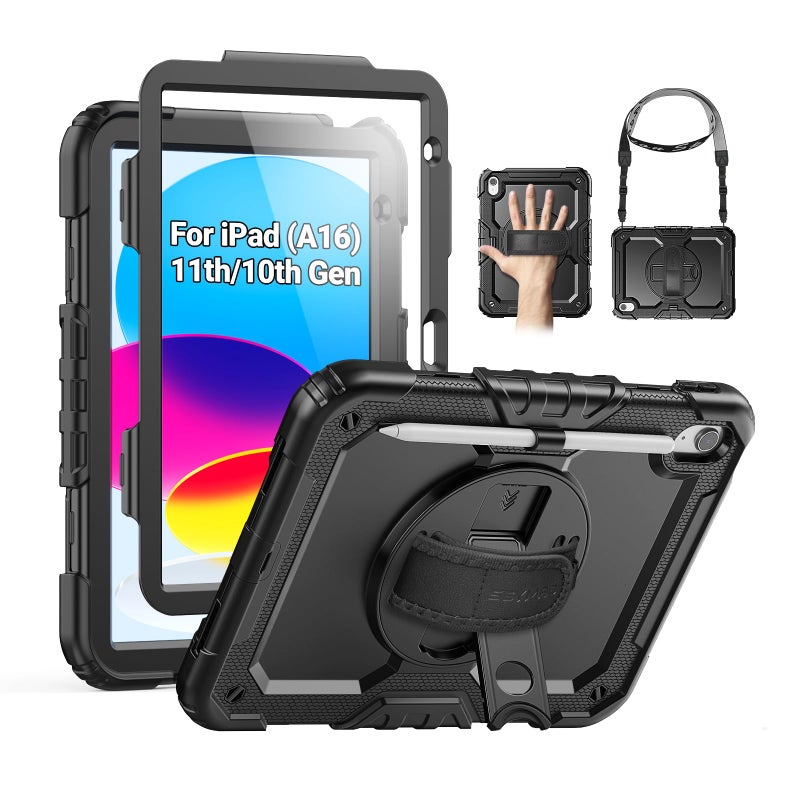 SEYMAC Case for iPad (A16) 11th/10th Generation 2025/2022 (11â€³/10.9â€³), Sturdy Heavy Duty Full-Body Shockproof Protective Case with Screen Protector, Rotating Stand, Hand/Shoulder Strap, Black - Image 1