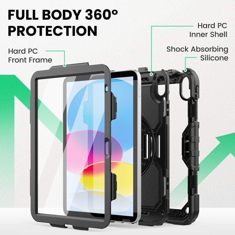SEYMAC Case for iPad (A16) 11th/10th Generation 2025/2022 (11â€³/10.9â€³), Sturdy Heavy Duty Full-Body Shockproof Protective Case with Screen Protector, Rotating Stand, Hand/Shoulder Strap, Black - Image 5