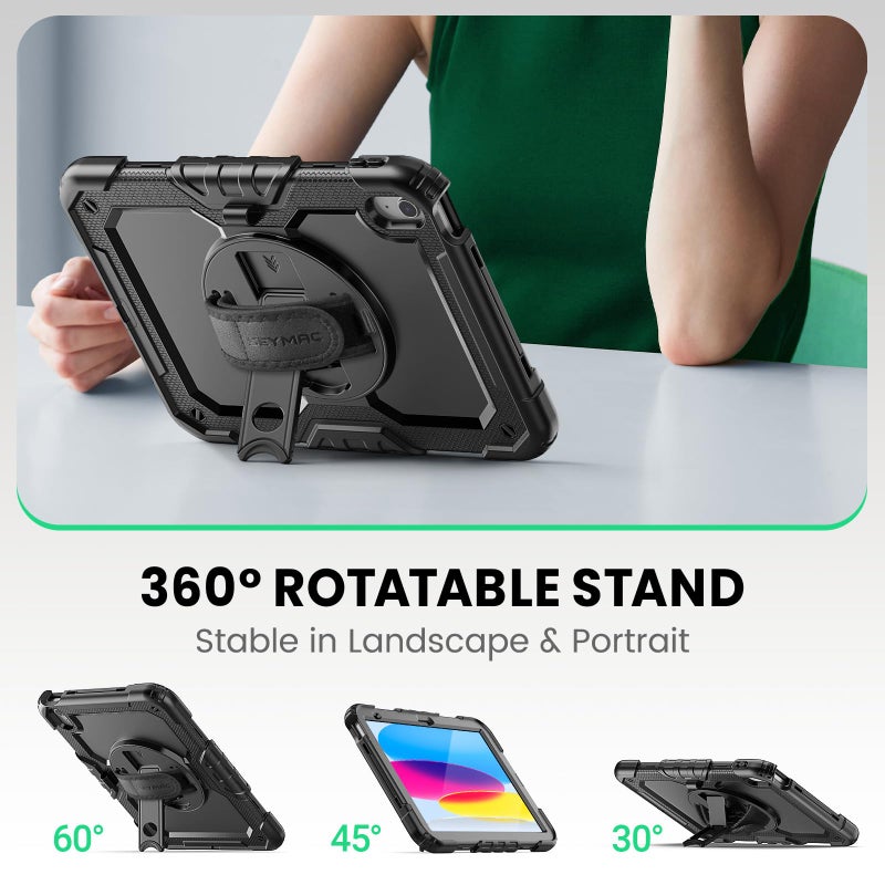 SEYMAC Case for iPad (A16) 11th/10th Generation 2025/2022 (11â€³/10.9â€³), Sturdy Heavy Duty Full-Body Shockproof Protective Case with Screen Protector, Rotating Stand, Hand/Shoulder Strap, Black - Image 4