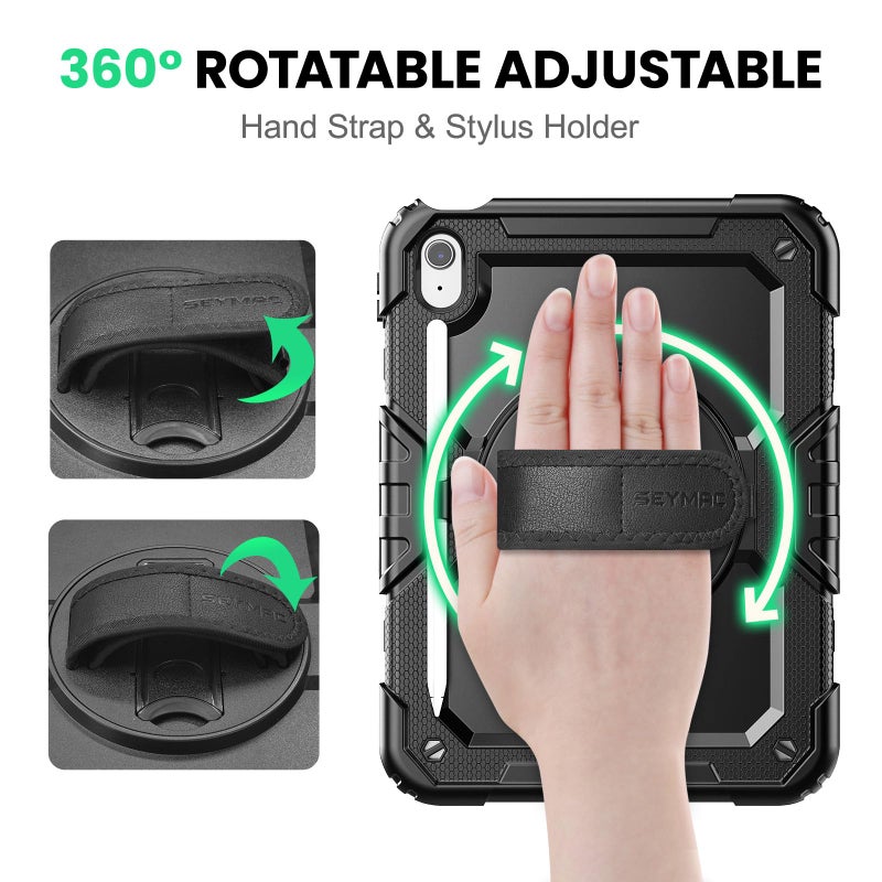 SEYMAC Case for iPad (A16) 11th/10th Generation 2025/2022 (11â€³/10.9â€³), Sturdy Heavy Duty Full-Body Shockproof Protective Case with Screen Protector, Rotating Stand, Hand/Shoulder Strap, Black - Image 3