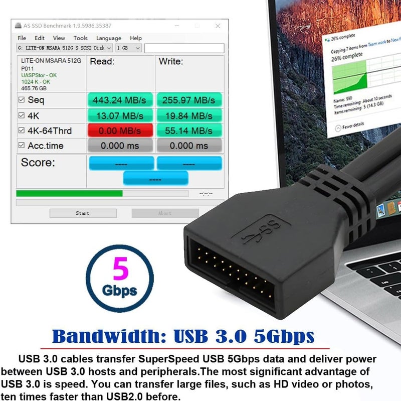 كابل تمديد USB 3.0 بزاوية 90 درجة، مظهر منخفض، من نوع ذكر إلى أنثى (20 صاعقة) للاتصال بلوحة الأم، كابل نقل بيانات بسرعة 5Gbps - Image 5