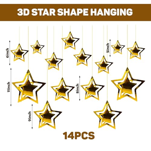 Party Propz 3D Star Hanging – 14 Pcs 3D Golden Stars for Decorations | Star Hanging for Tree & Home Decor | Decoration Items for Home - Image 2