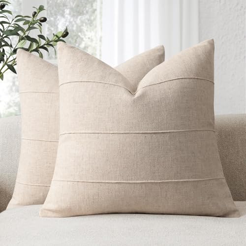 ZWJD Decorative Linen Throw Pillow Covers 20x20 Set of 2 Solid handcrafted Striped Cushion Covers for Bed Soft Modern Farmhouse Neutral Pillowcase for Couch Bedroom Living Room Home DecorNatural Beige - Image 1