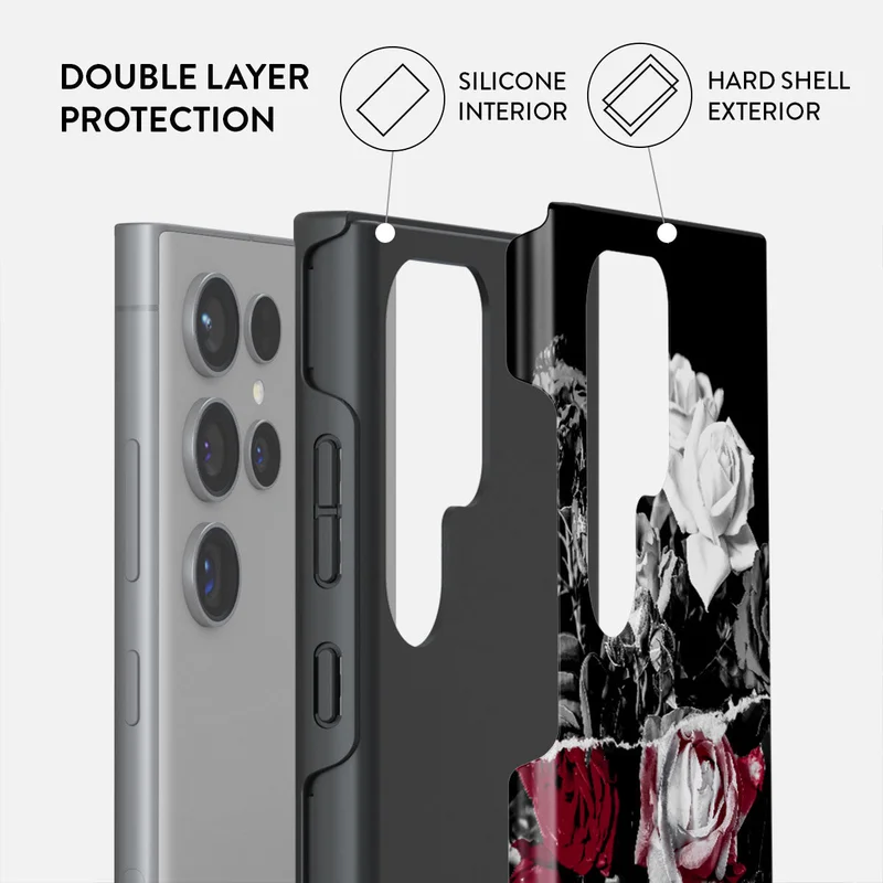 بورجا جراب هاتف فاخر بلمعان الذهب والرخام متوافق مع سامسونج  ألترا طبقة مزدوجة سيليكون واقي بتصميم باقة قرمزي