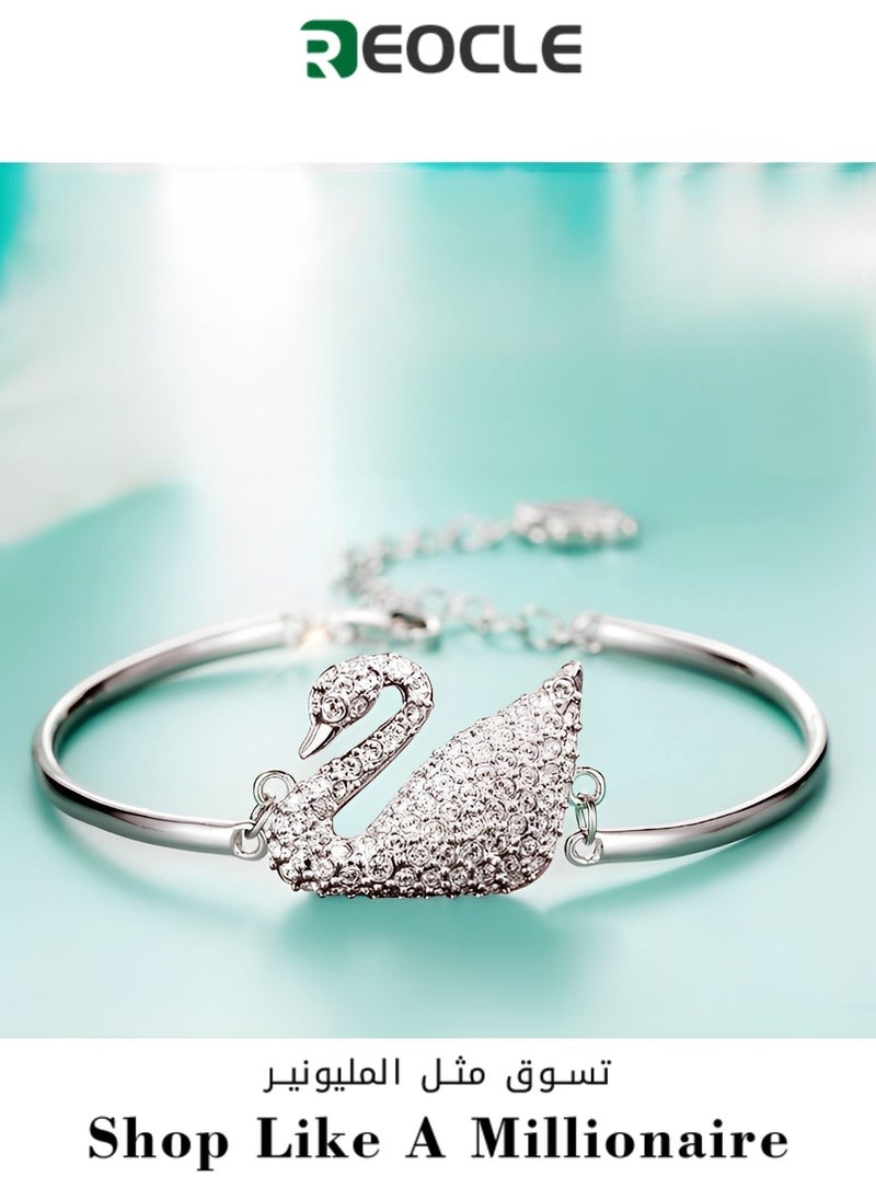 REOCLE Women's Swan Crystal Bracelet Cubic Zirconia Charm Bracelet Iconic Swan Pendant Bracelet Jewelry Gift for Friend & Girlfriend & Mom  - Image 1