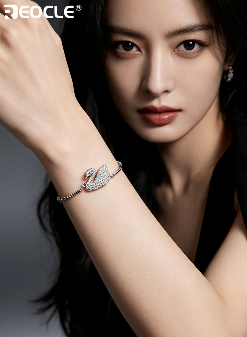 REOCLE Women's Swan Crystal Bracelet Cubic Zirconia Charm Bracelet Iconic Swan Pendant Bracelet Jewelry Gift for Friend & Girlfriend & Mom - Image 1