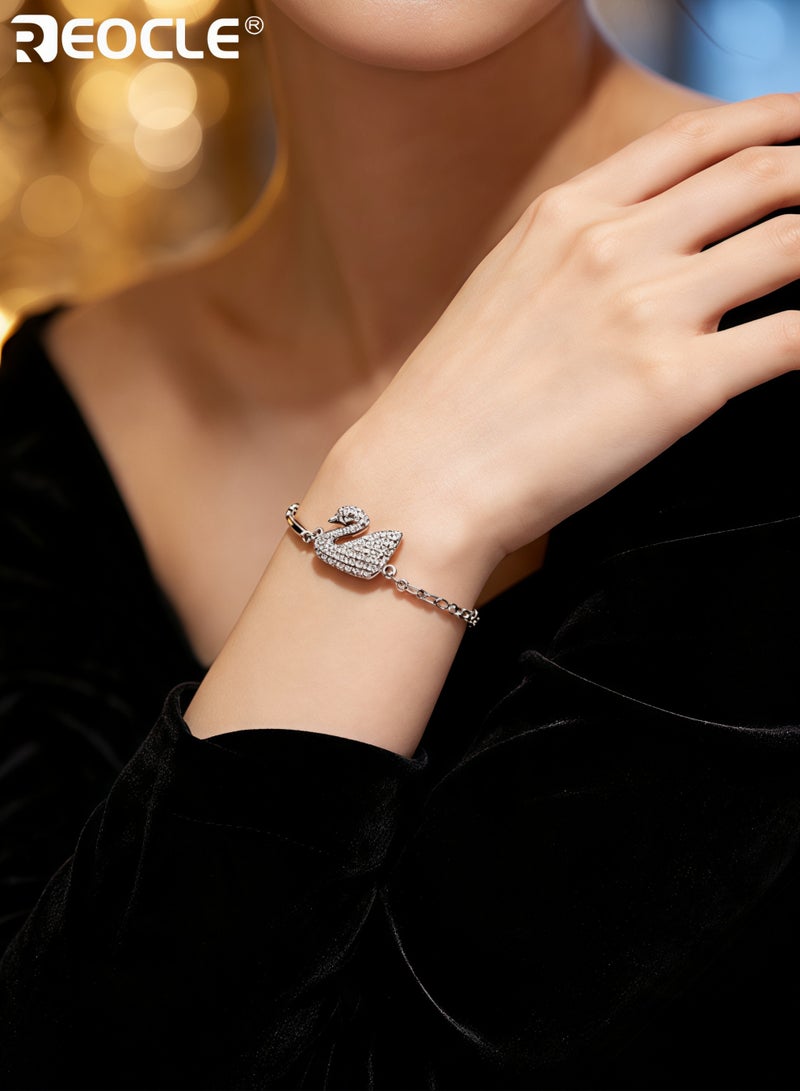 REOCLE Women's Swan Crystal Bracelet Cubic Zirconia Charm Bracelet Iconic Swan Pendant Bracelet Jewelry Gift for Friend & Girlfriend & Mom - Image 3