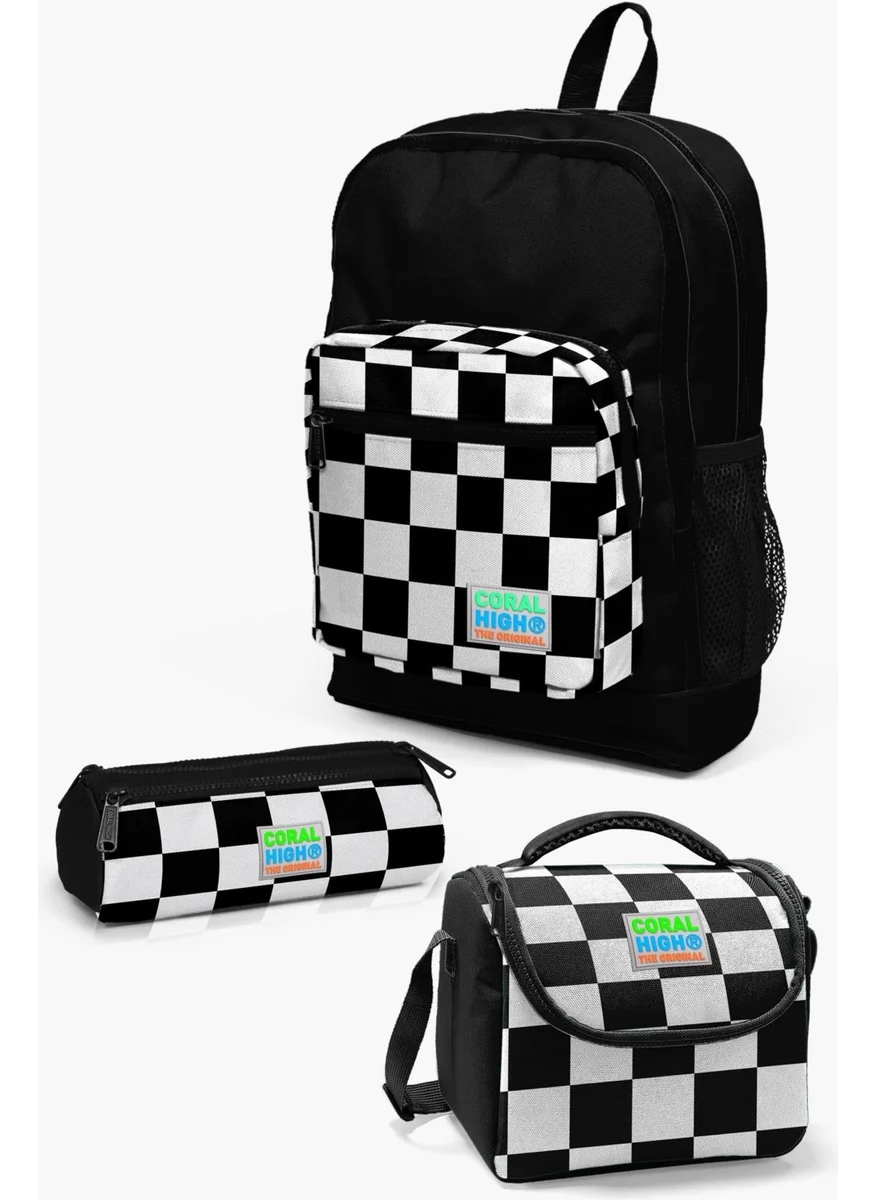 CORAL HIGH Kids Black Checkerboard Patterned 3-Piece School Bag Set