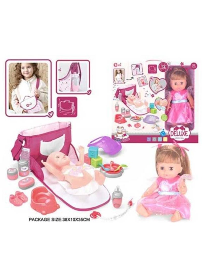 A Toy Baby Doll With a Baby Carrying Basket and a Set of Accessories - Image 1