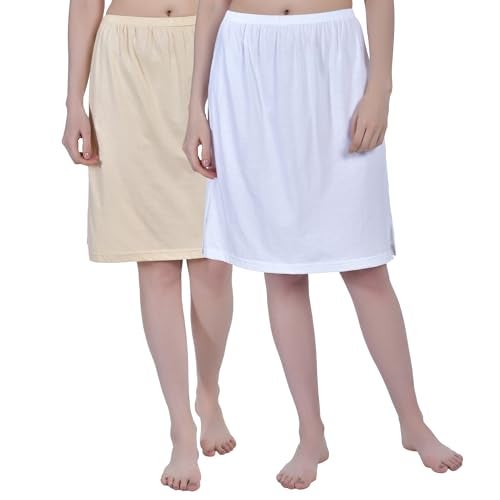 Aimly Women's Cotton Knee Length Underdress Side Slit Everyday Layers Half Slip Skirt White & Beige 2 Pieces - Image 1