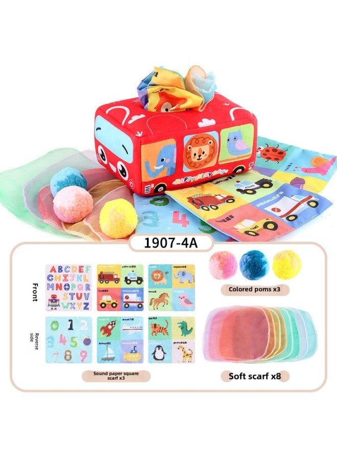 Hot Sale Baby Tissue Box With Pompom Puzzle Baby Cloth Book With Ringing Paper Hand Tear Baby Toys-Color:NO.NO.1907-4A Red Car Tissue Box (3 Ringing Paper Square Scarves +8 Silk Scarves +3 Pompom) 79.8g  - Image 1