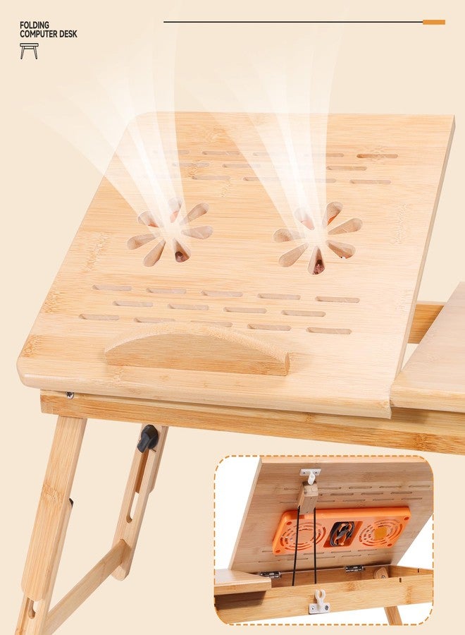 JELNER Adjustable Bamboo Laptop Desk with Cooling Fan, Foldable Bed Tray for Breakfast, Writing, and Drawing, with Tilting Top and Drawer, Portable Lap Desk for Bed, Sofa, and Floor. - Image 5