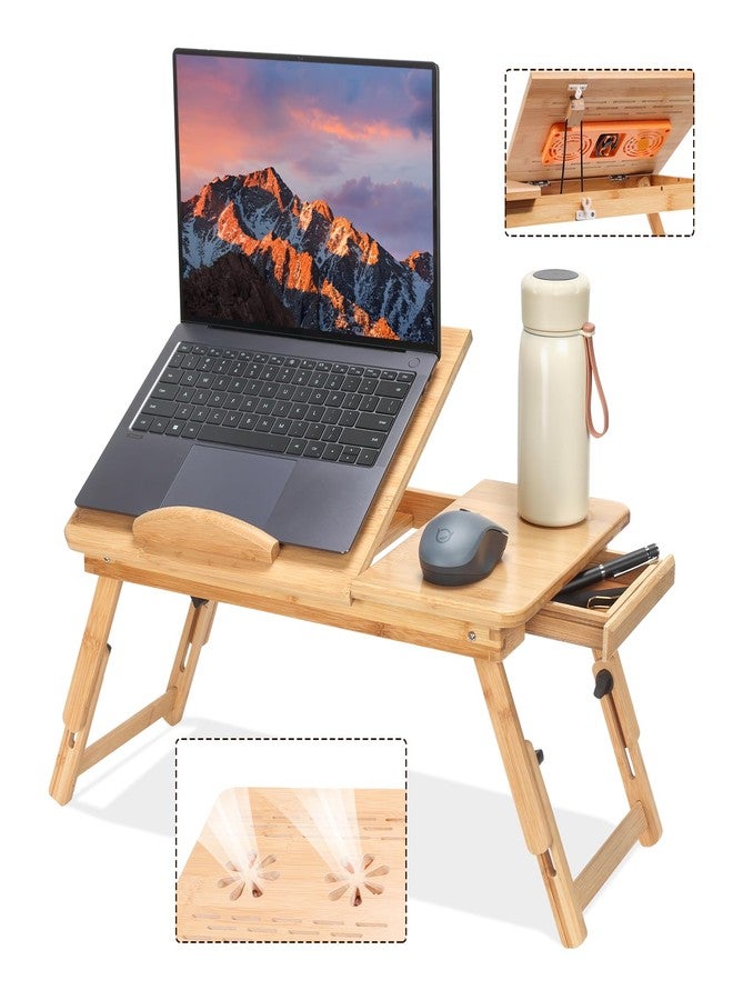 JELNER Adjustable Bamboo Laptop Desk with Cooling Fan, Foldable Bed Tray for Breakfast, Writing, and Drawing, with Tilting Top and Drawer, Portable Lap Desk for Bed, Sofa, and Floor. - Image 1