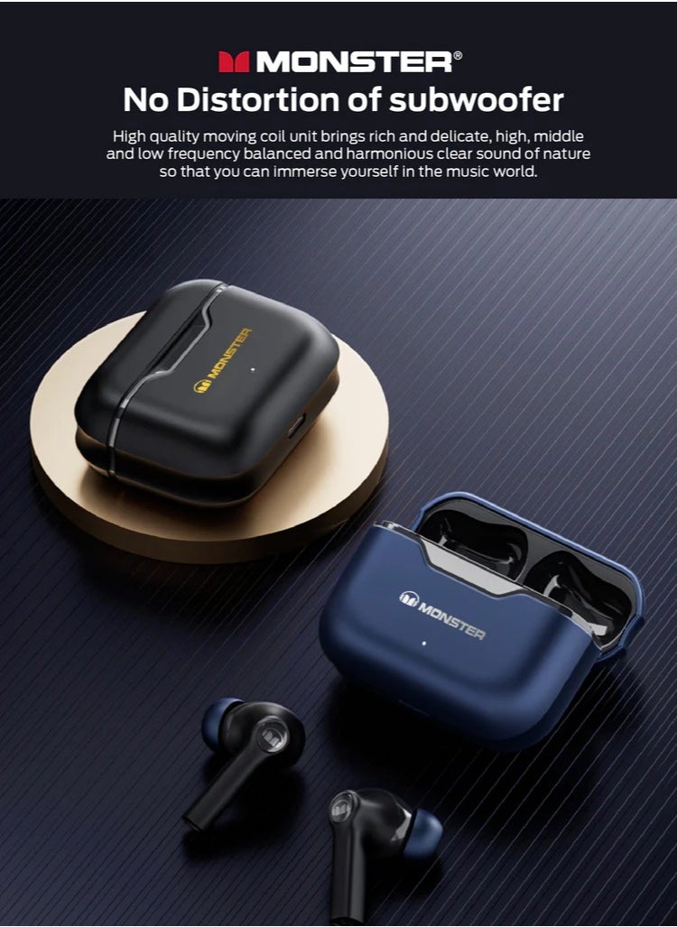 Monster XKT02 Wireless Bluetooth Earbuds Gaming Headphones Deep Bass Low Latency Game Headset with Built-in Microphone For Gaming Noise Canceling Headsets Blue