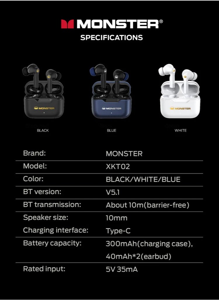 Monster XKT02 Wireless Bluetooth Earbuds Gaming Headphones Deep Bass Low Latency Game Headset with Built-in Microphone For Gaming Noise Canceling Headsets Blue