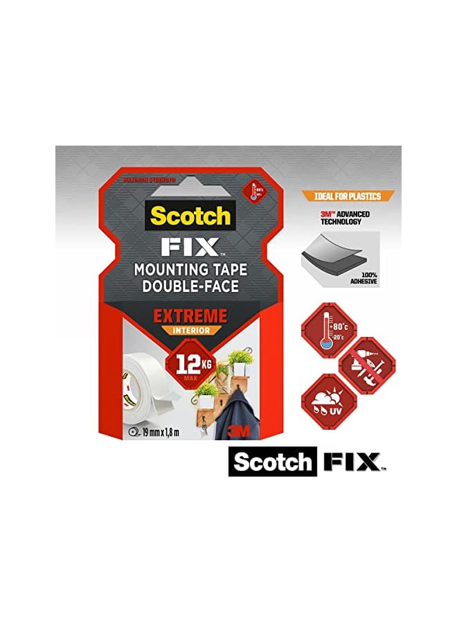 Scotch  Scotch Mount Extreme Interior Tape 19mmx1.8m, 1 roll/pack | White color | Holds up 1 kg per 15cm | Extremely Strong | Higher Adhesion | Multi-Surface | No Tools | Double Sided Adhesive Tape  - Image 2
