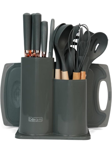 Beram 19 Pieces Knife Set for Kitchen, Cooking Utensils Set, Includes Tongs, Spoon, Spatula & Turner Made of Heat Resistant Food Grade Silicone and Wooden Handles, Non Stick Kitchen Knife Sets and Tools