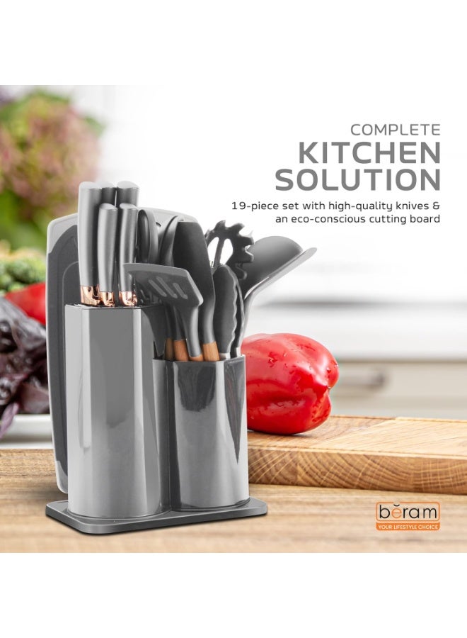 Beram 19 Pieces Knife Set for Kitchen, Cooking Utensils Set, Includes Tongs, Spoon, Spatula & Turner Made of Heat Resistant Food Grade Silicone and Wooden Handles, Non Stick Kitchen Knife Sets and Tools - Image 2
