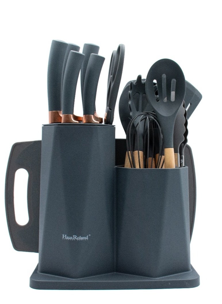 HausRoland - 19 Pieces Knife Set for Kitchen, Cooking Utensils Set, Includes Tongs, Spoon, Spatula & Turner Made of Heat Resistant Food Grade Silicone and Wooden Handles, Non Stick Kitchen Knife Sets and Tools - Image 1