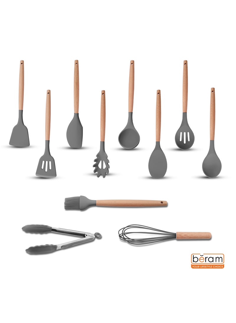 HausRoland - 19 Pieces Knife Set for Kitchen, Cooking Utensils Set, Includes Tongs, Spoon, Spatula & Turner Made of Heat Resistant Food Grade Silicone and Wooden Handles, Non Stick Kitchen Knife Sets and Tools - Image 1