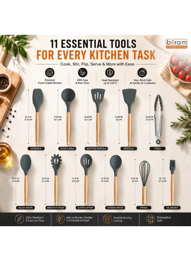 BERAM 19-Piece Silicone Kitchen Utensil Set with Wooden Handles, Nonstick Cooking Tools, 5-Piece Knife Set, 2 Cutting Boards & Utensil Holder, Grey - Image 4